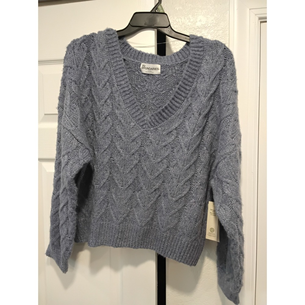 No Boundaries Womens Blue Moon‎ Cable Knit V-Neck Pullover Sweater XL 16-18 NEW